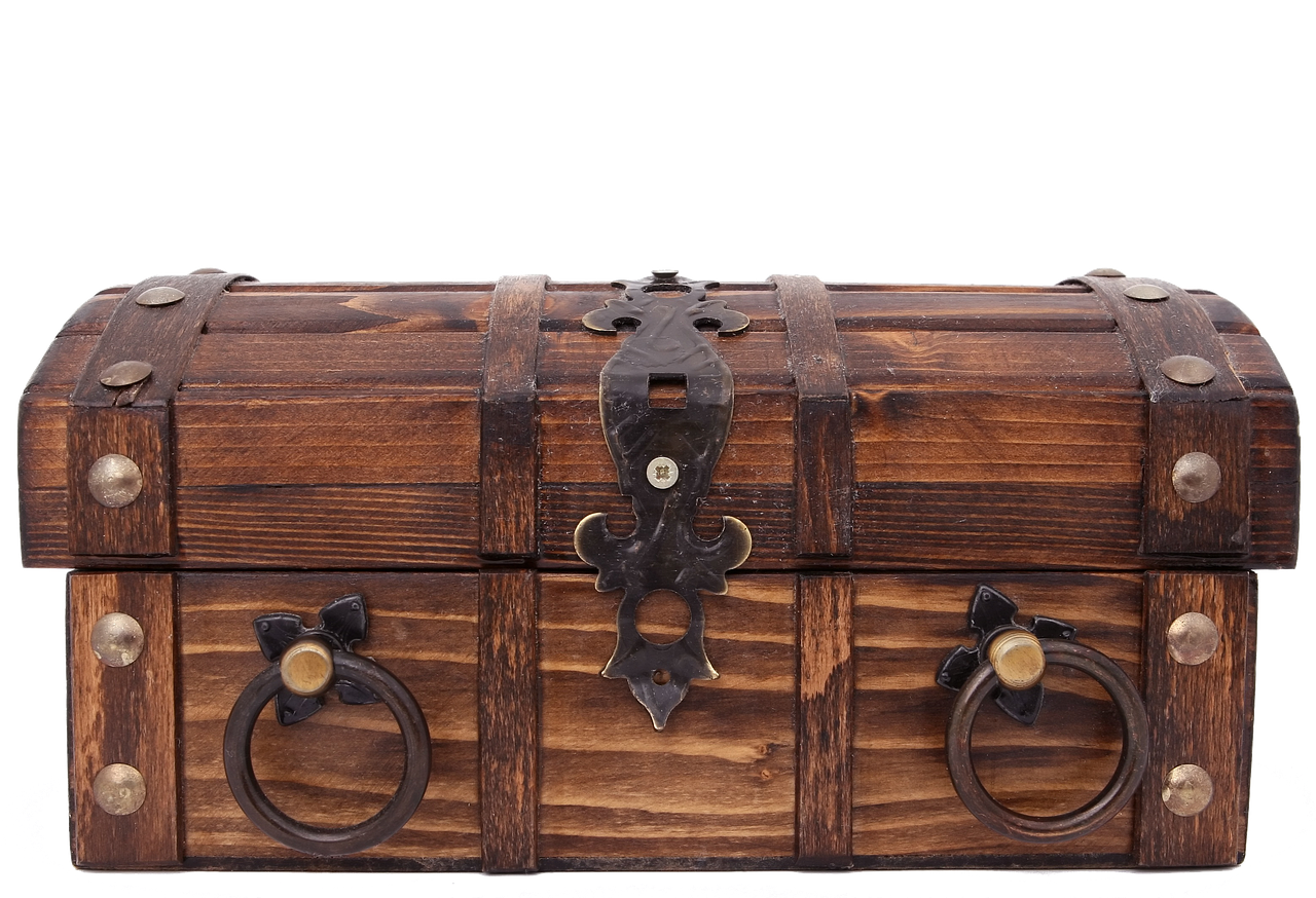A photo of an old, empty treasure chest. its a link that leads to the digital collections page.